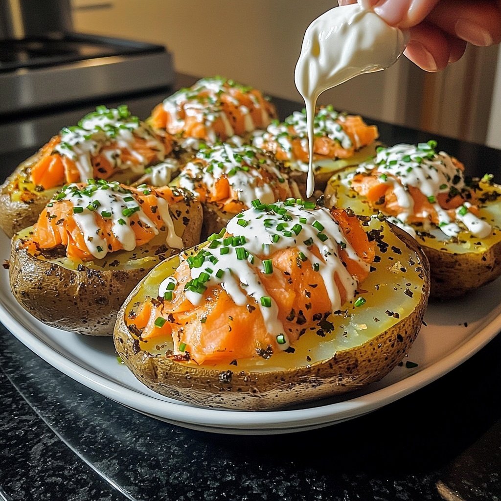 Loaded Baked Potatoes with Herb Cream and Smoked Salmon