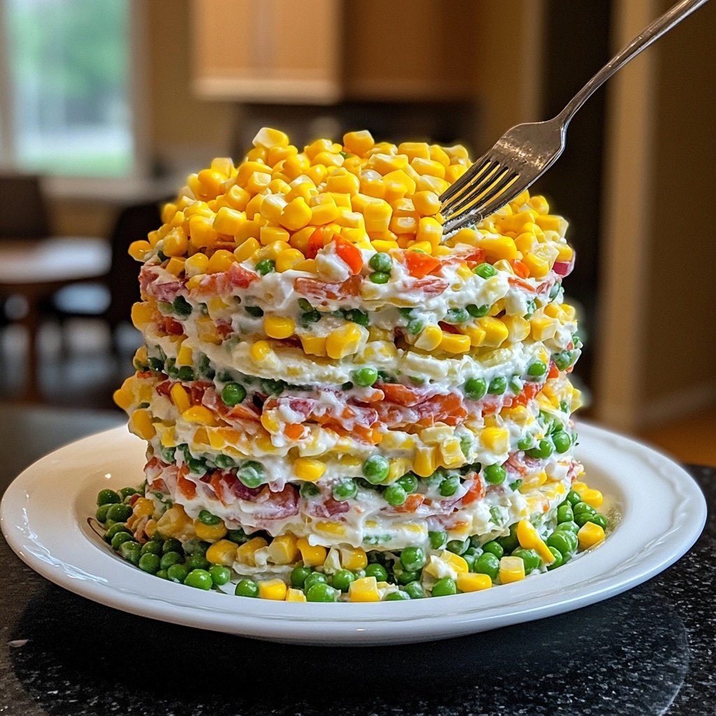 Festive Layered Salad with Corn and Peas